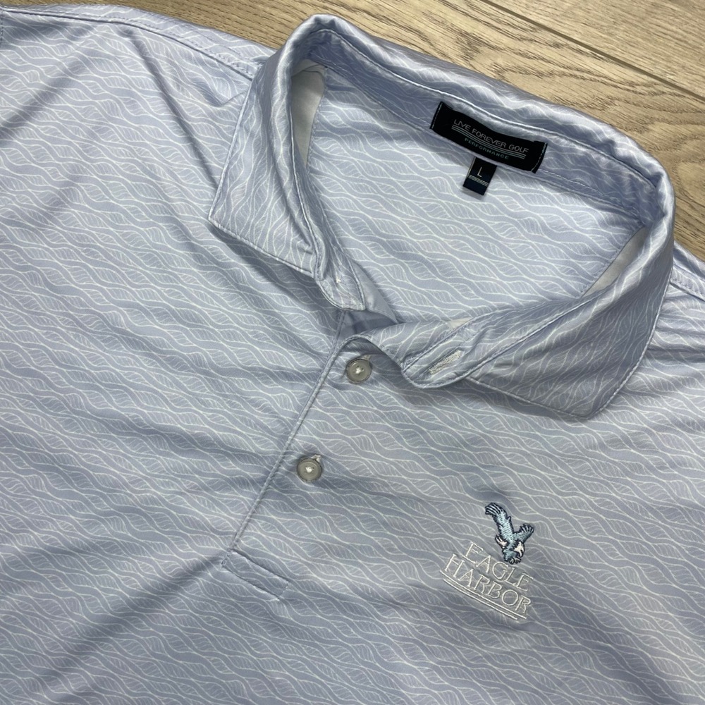 Live Forever Golf Polo Shirt Mens L Blue Eagle Harbor Performance Short Sleeve